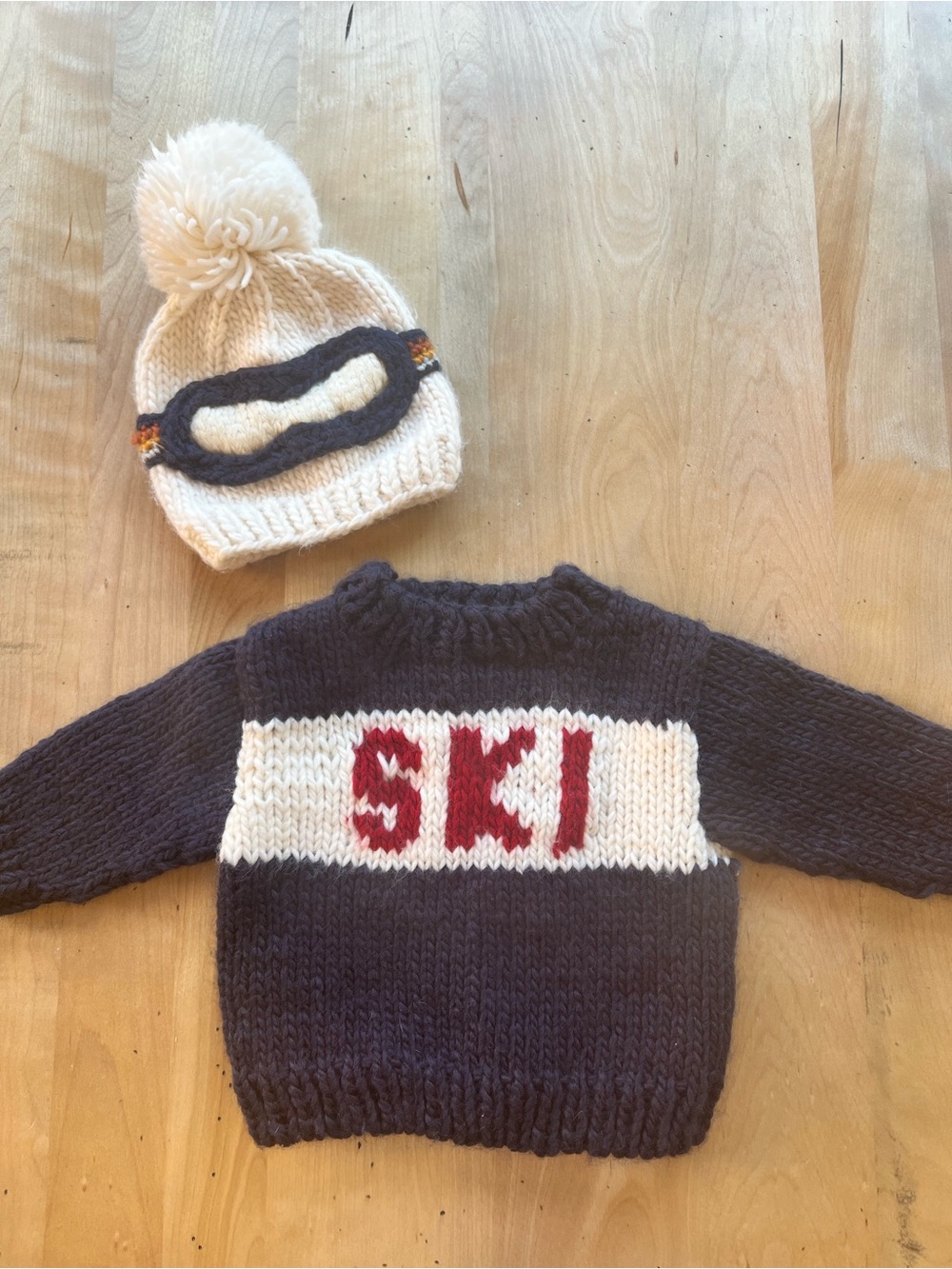 The Blueberry Hill Ski Sweater and Pom Beanie Set - White & Navy size 6-12 mos